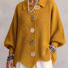 Women's Cardigan | Oversized Lantern Sleeves Scalloped Hem Button Closure