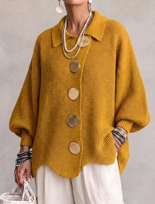 Women's Cardigan | Oversized Lantern Sleeves Scalloped Hem Button Closure