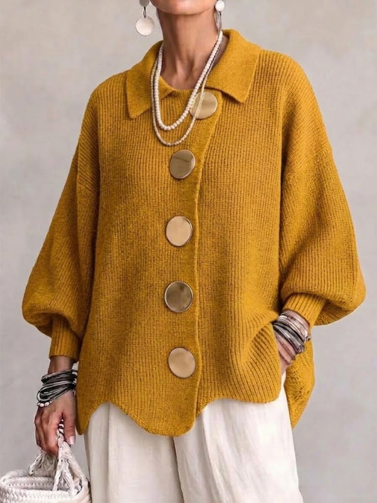 Women's Cardigan | Oversized Lantern Sleeves Scalloped Hem Button Closure