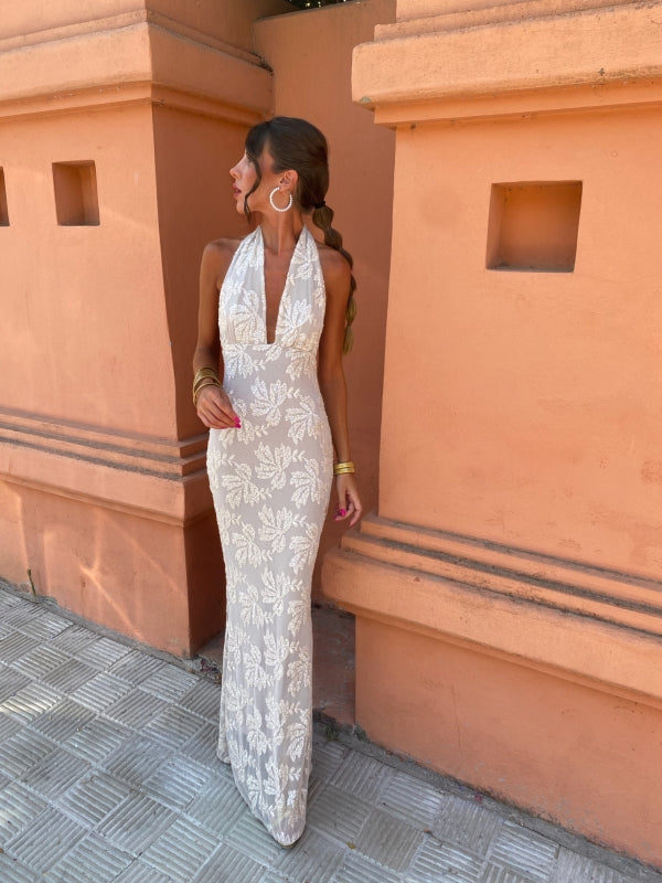 Women's Formal Wedding Guest Dress | Halter Neckline Maxi Sequin