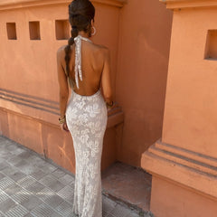 Women's Formal Wedding Guest Dress | Halter Neckline Maxi Sequin