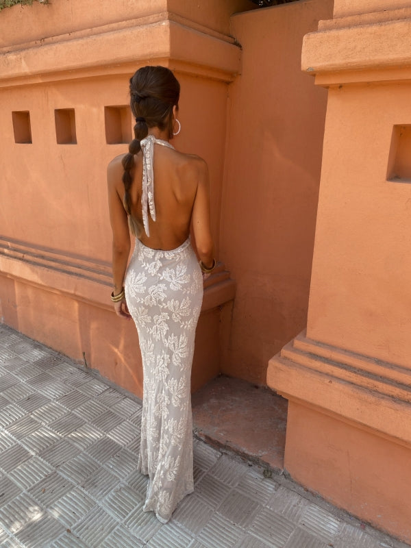 Women's Formal Wedding Guest Dress | Halter Neckline Maxi Sequin