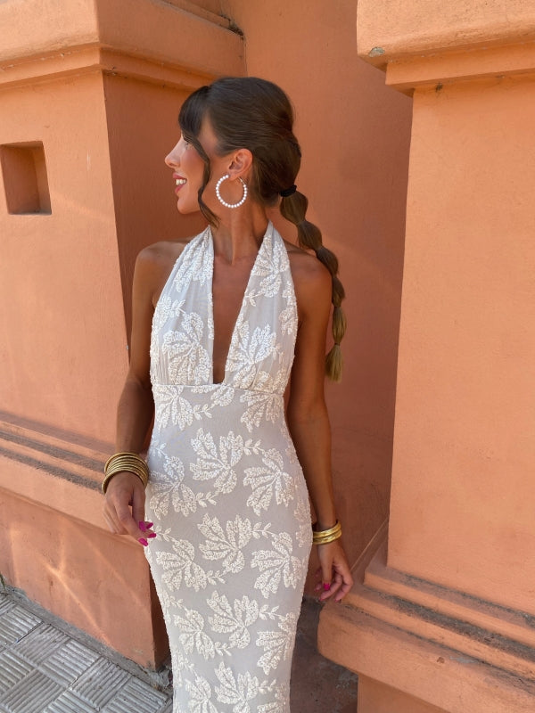 Women's Formal Wedding Guest Dress | Halter Neckline Maxi Sequin