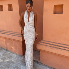 Women's Formal Wedding Guest Dress | Halter Neckline Maxi Sequin