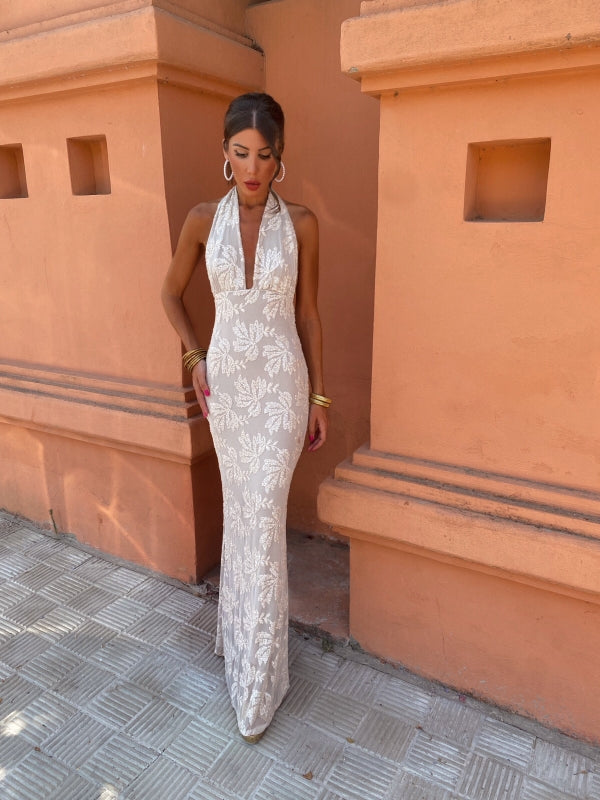 Women's Formal Wedding Guest Dress | Halter Neckline Maxi Sequin