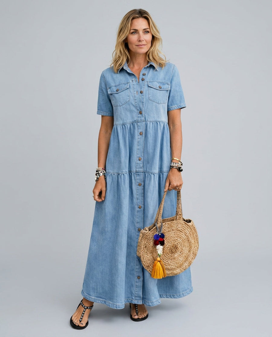 Women's Denim Dress | Maxi Collar Button Front Short Sleeve