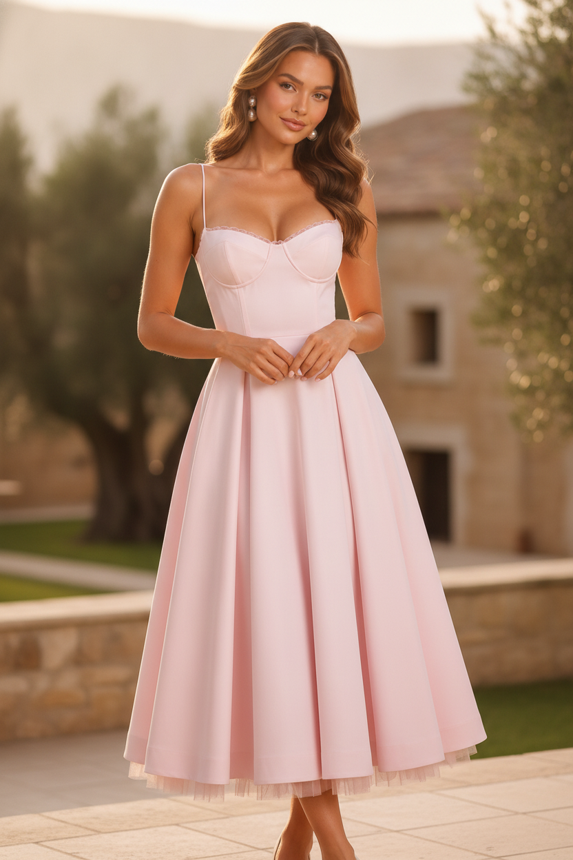 Women's Wedding Guest Dress | Midi Sweetheart Spaghetti Strap