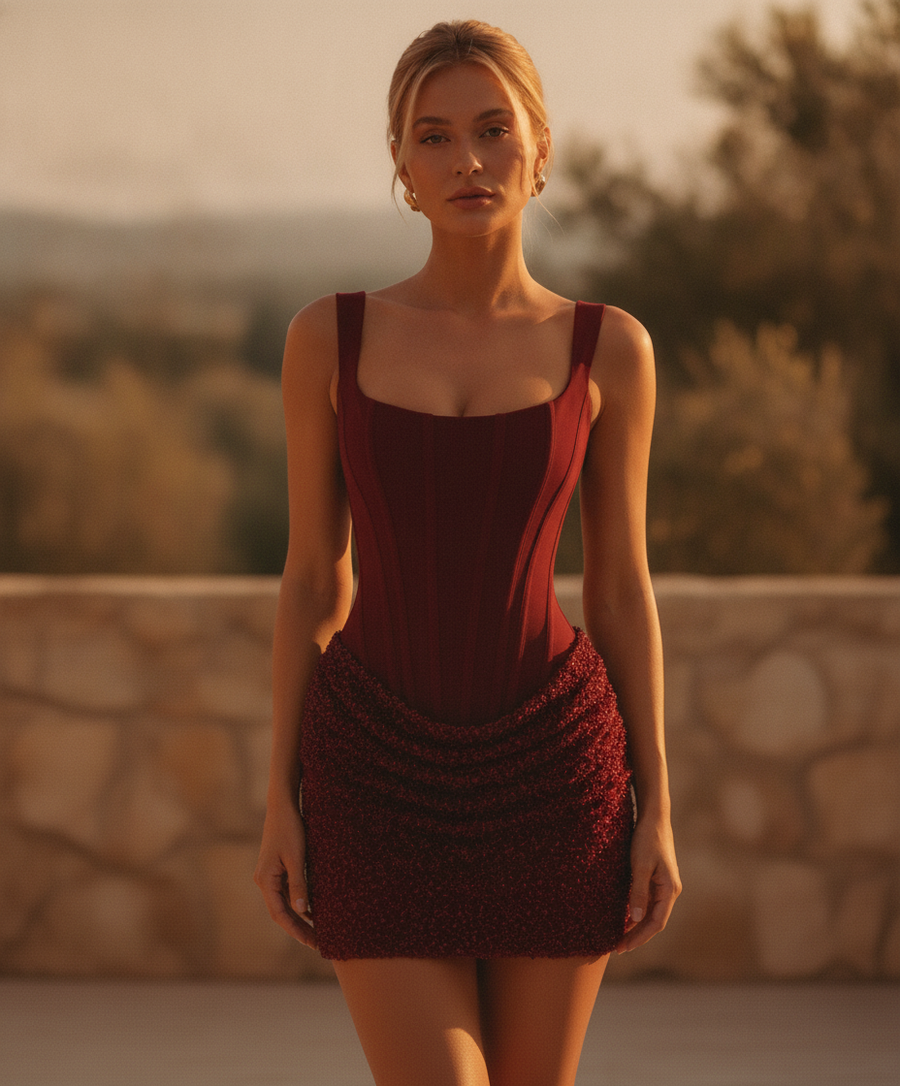 Women's New Year Dress | Mini Square Neck Corset Sequin