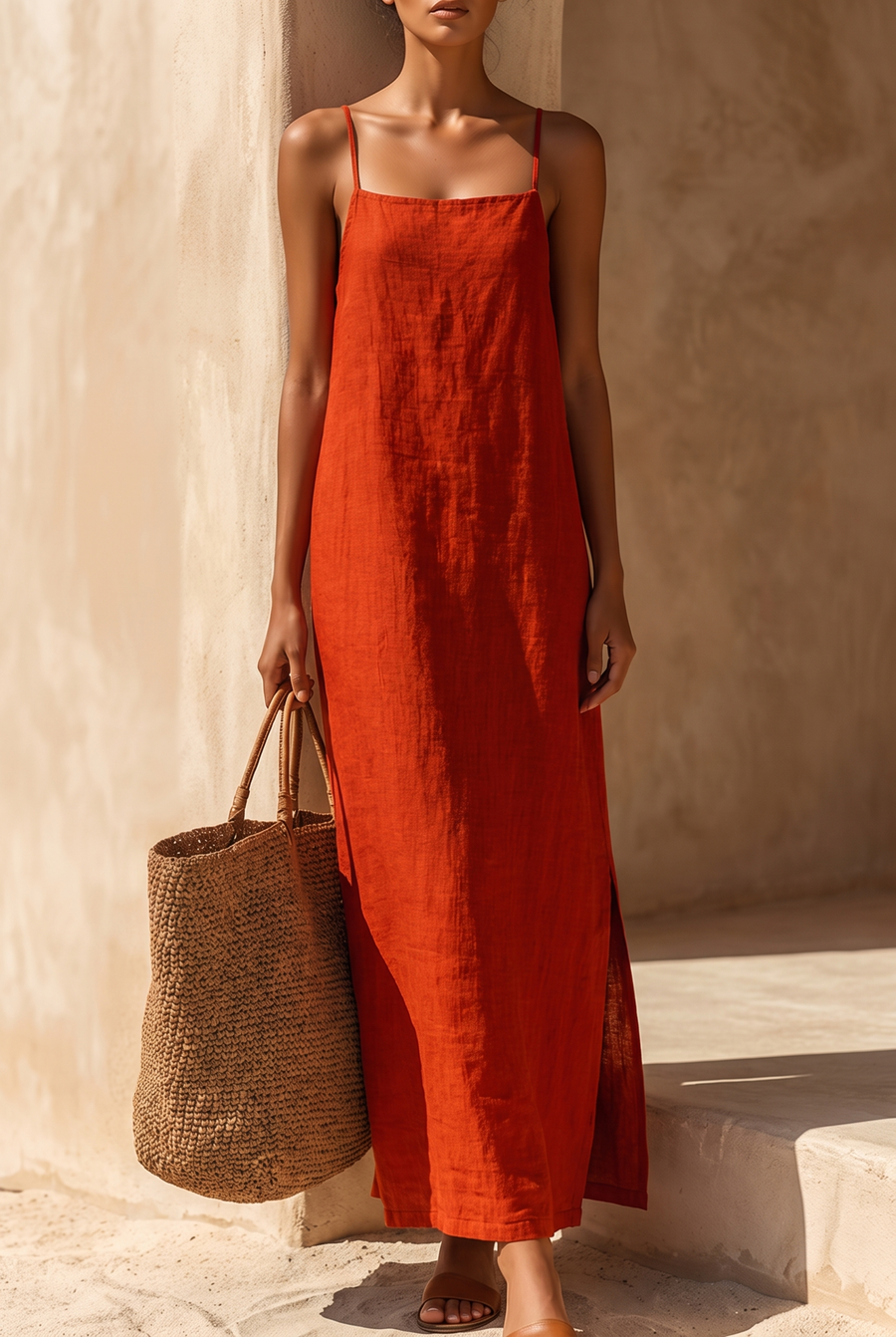 Women's Red Linen Dress Spaghetti Straps Square Neck Boho Resort - front view
