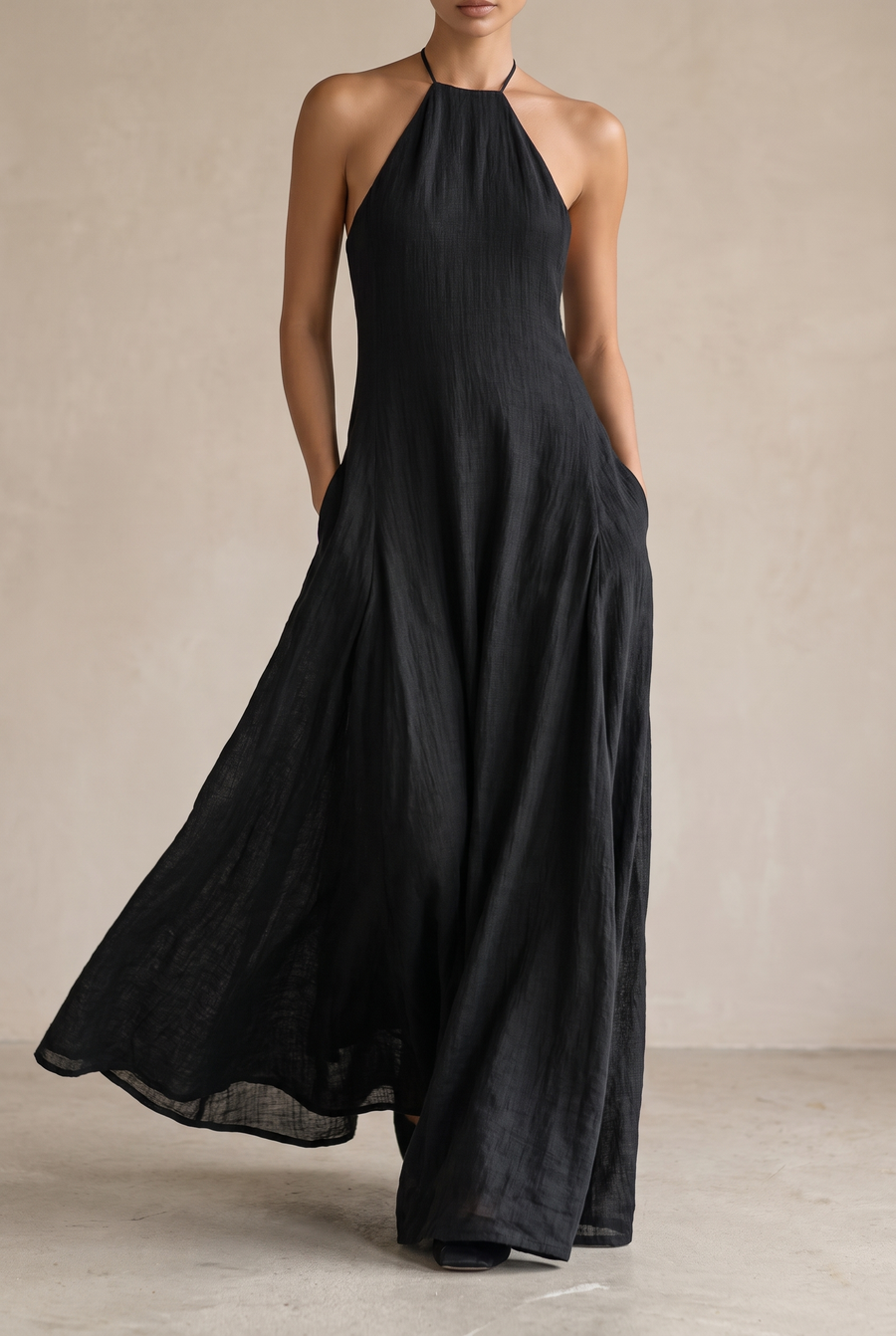 Women's Minimalist Linen Blend Halter Neck Sleeveless Maxi Dress - black front view