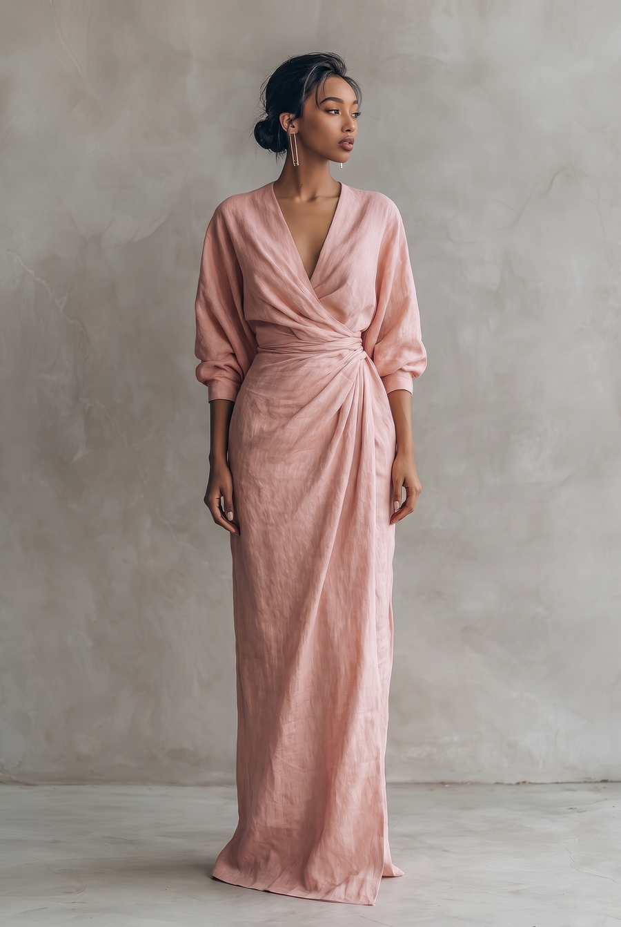 Women's Minimalist V-neck Linen Blend Maxi Dress - pink front view