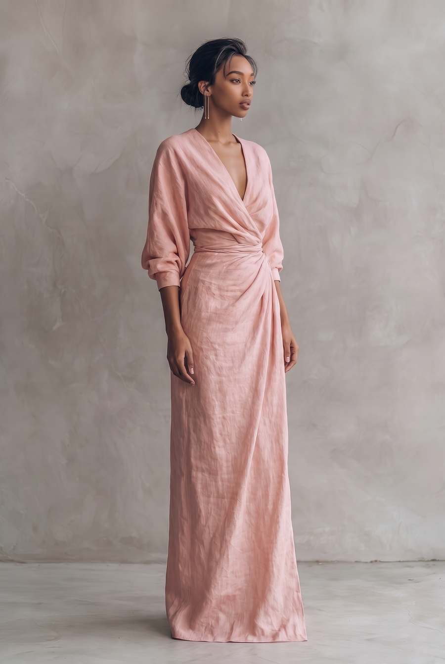 Women's Minimalist V-neck Linen Blend Maxi Dress - pink three-quarter view