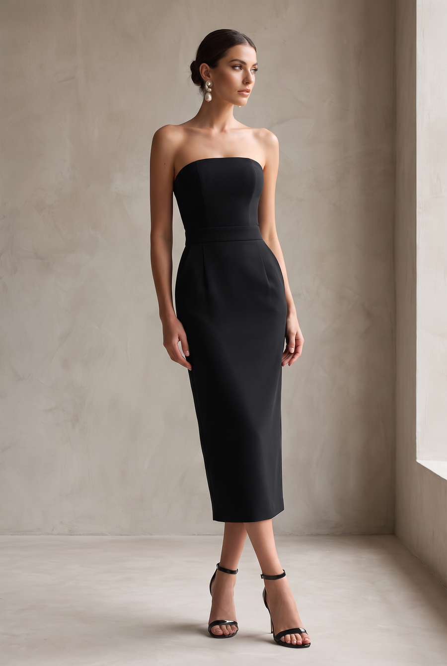 Elegant Black Strapless Bodycon Midi Dress - front view