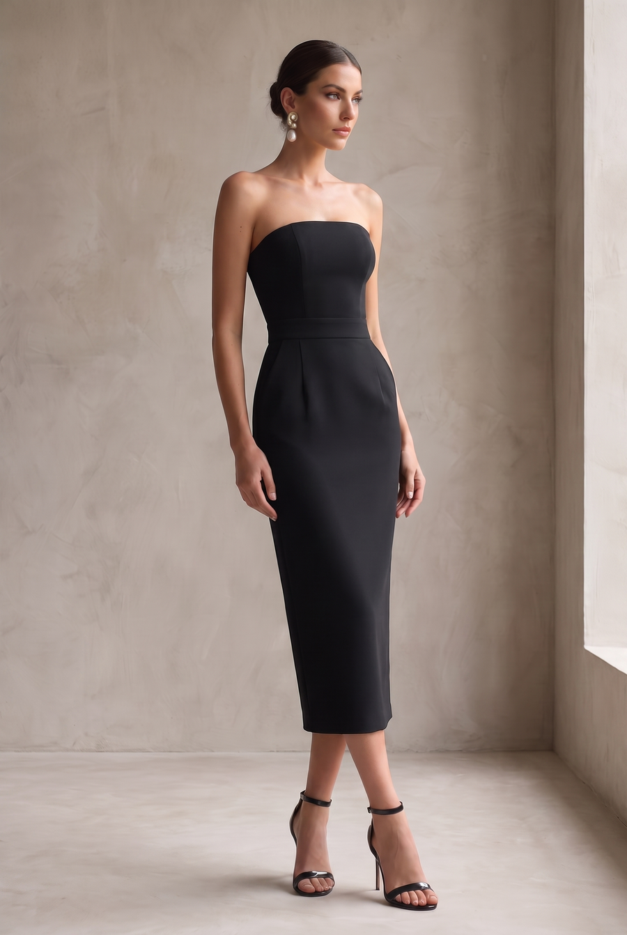 Elegant Black Strapless Bodycon Midi Dress - three-quarter view