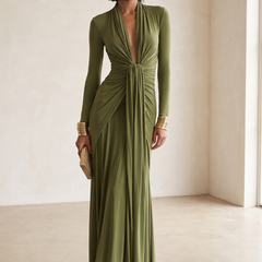 Olive Silky Deep V-Neck Ruched Maxi Dress - front view