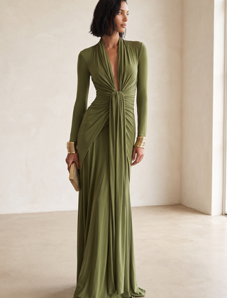 Olive Silky Deep V-Neck Ruched Maxi Dress - front view