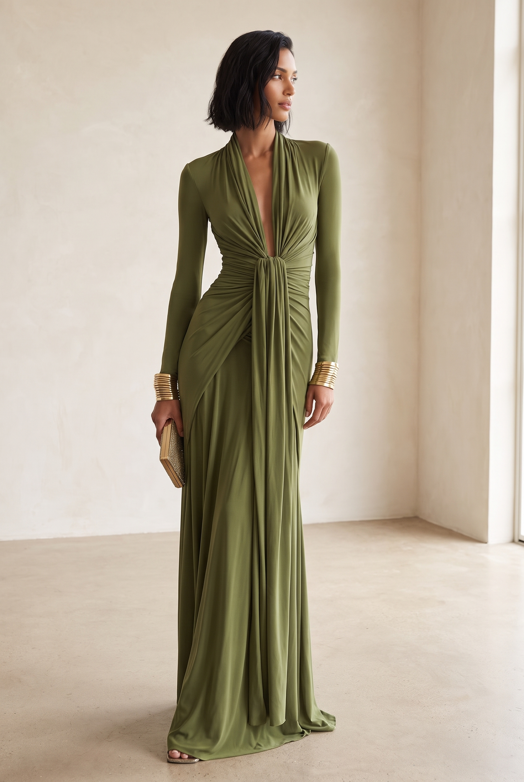 Olive Silky Deep V-Neck Ruched Maxi Dress - front view