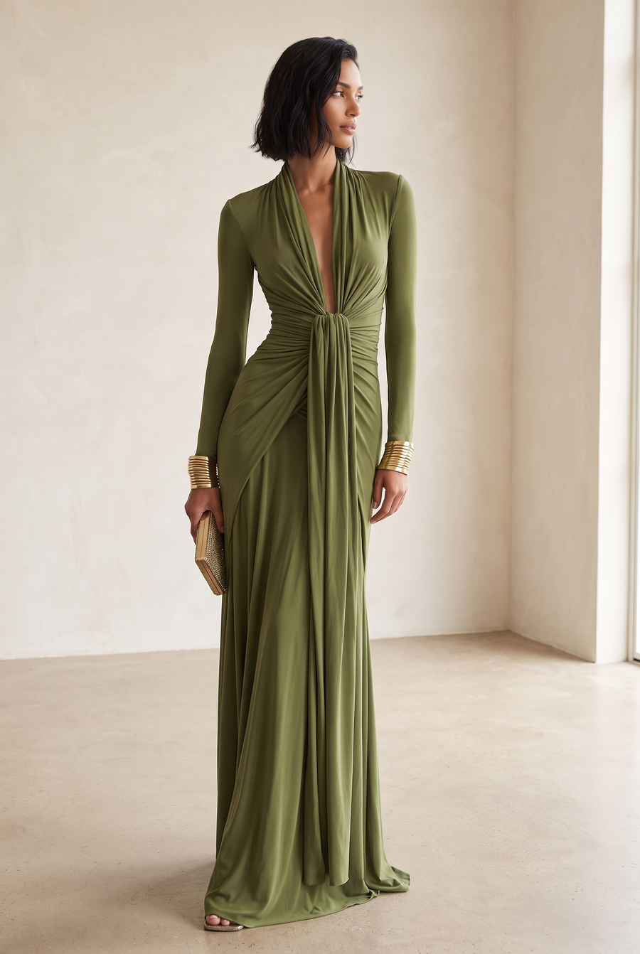 Olive Silky Deep V-Neck Ruched Maxi Dress - front view