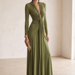 Olive Silky Deep V-Neck Ruched Maxi Dress - three-quarter view