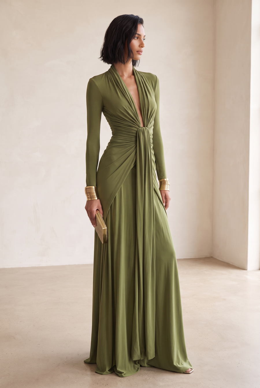 Olive Silky Deep V-Neck Ruched Maxi Dress - three-quarter view
