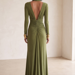 Olive Silky Deep V-Neck Ruched Maxi Dress - back view