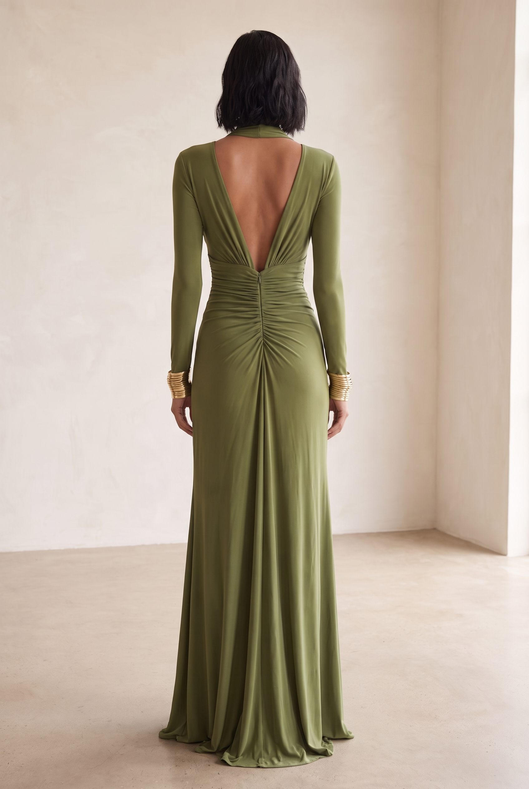 Olive Silky Deep V-Neck Ruched Maxi Dress - back view