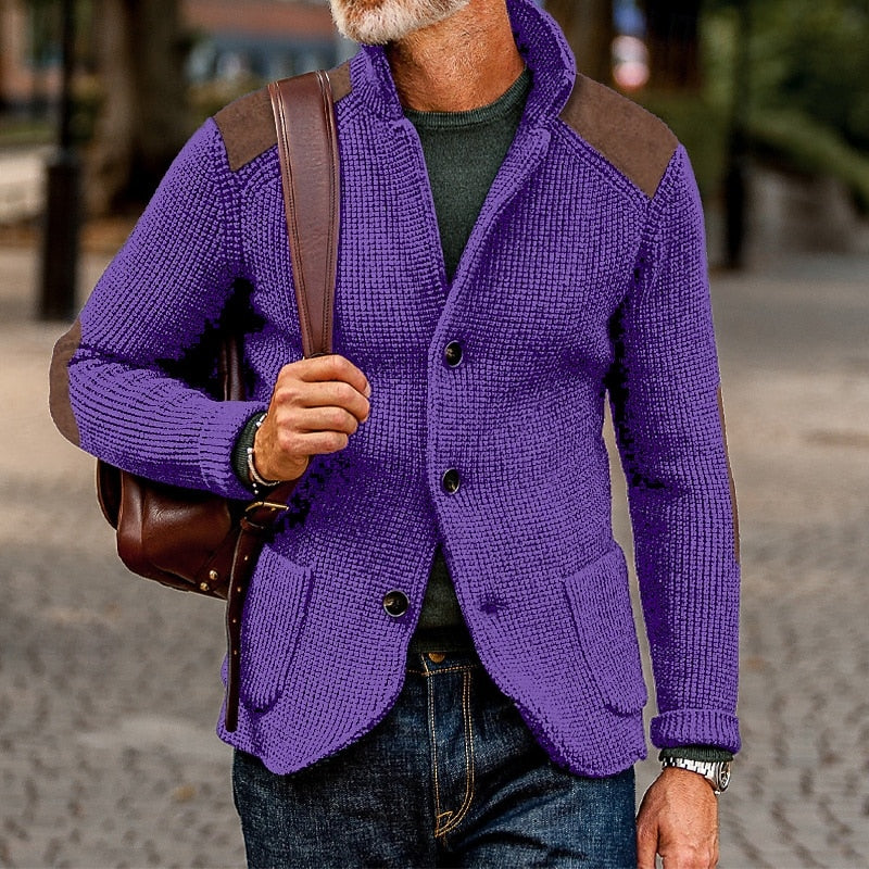 Men's Cardigan | Textured Knit Stand Collar Button Front