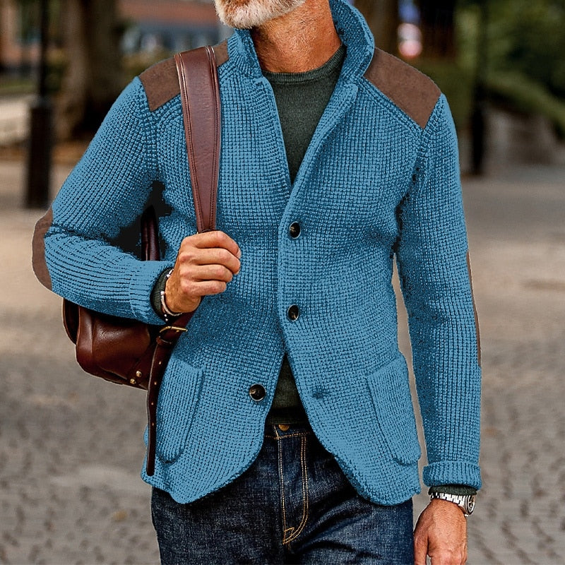 Men's Cardigan | Textured Knit Stand Collar Button Front