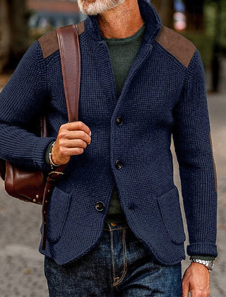 Men's Cardigan | Textured Knit Stand Collar Button Front