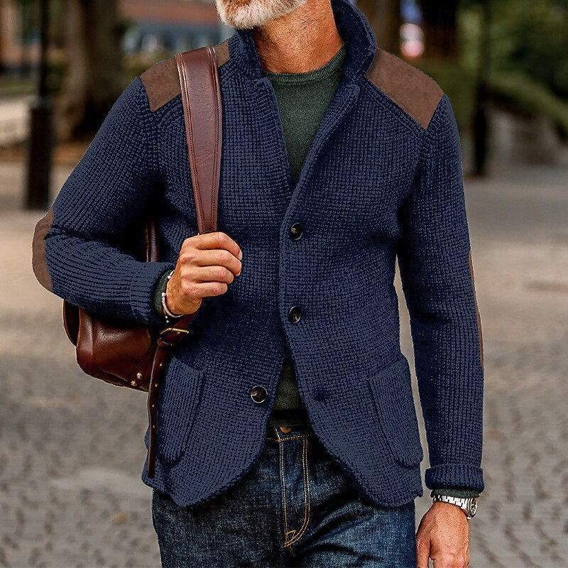 Men's Cardigan | Textured Knit Stand Collar Button Front
