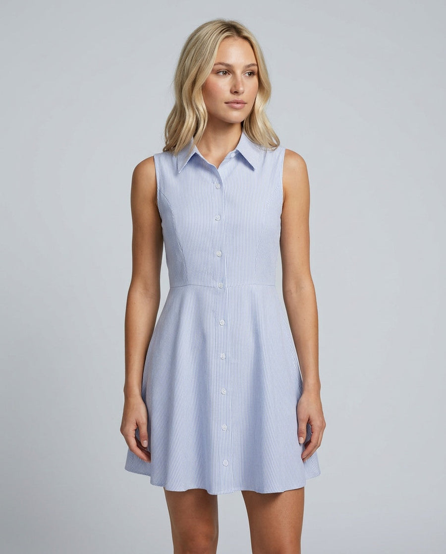 Women's Blue Mini Sundress | Collared Button-Front Striped