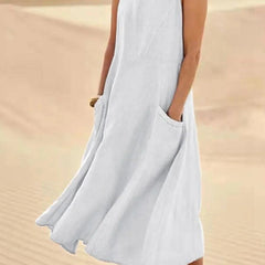 Women's Sundress | Midi Length Sleeveless Round Neck Linen