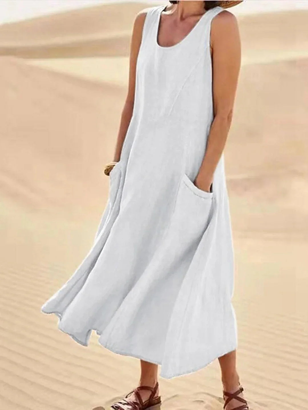 Women's Sundress | Midi Length Sleeveless Round Neck Linen