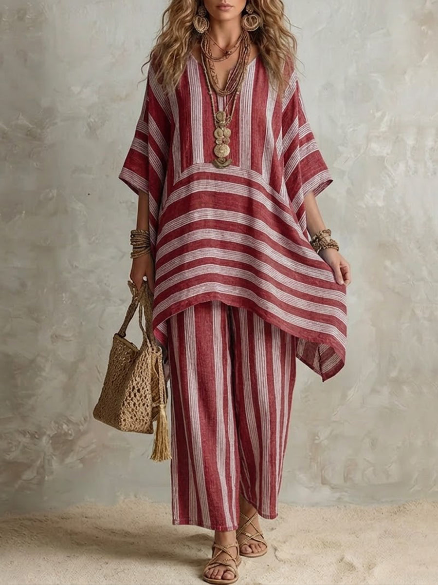 Women's Co Ord Set | Striped Asymmetric Tunic Wide Leg Linen