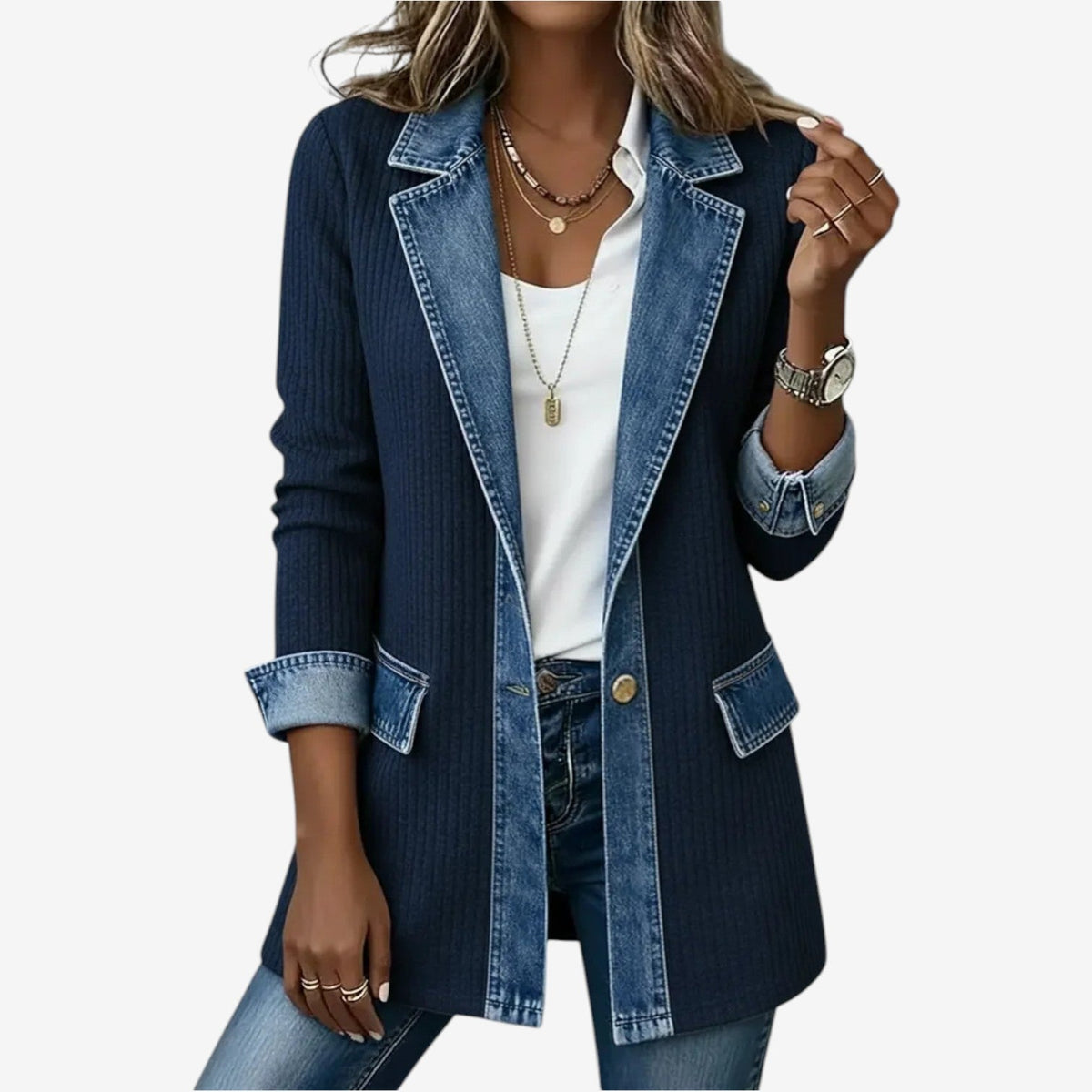 Women's Winter Jacket | Denim Collar Knit Blend Button Closure