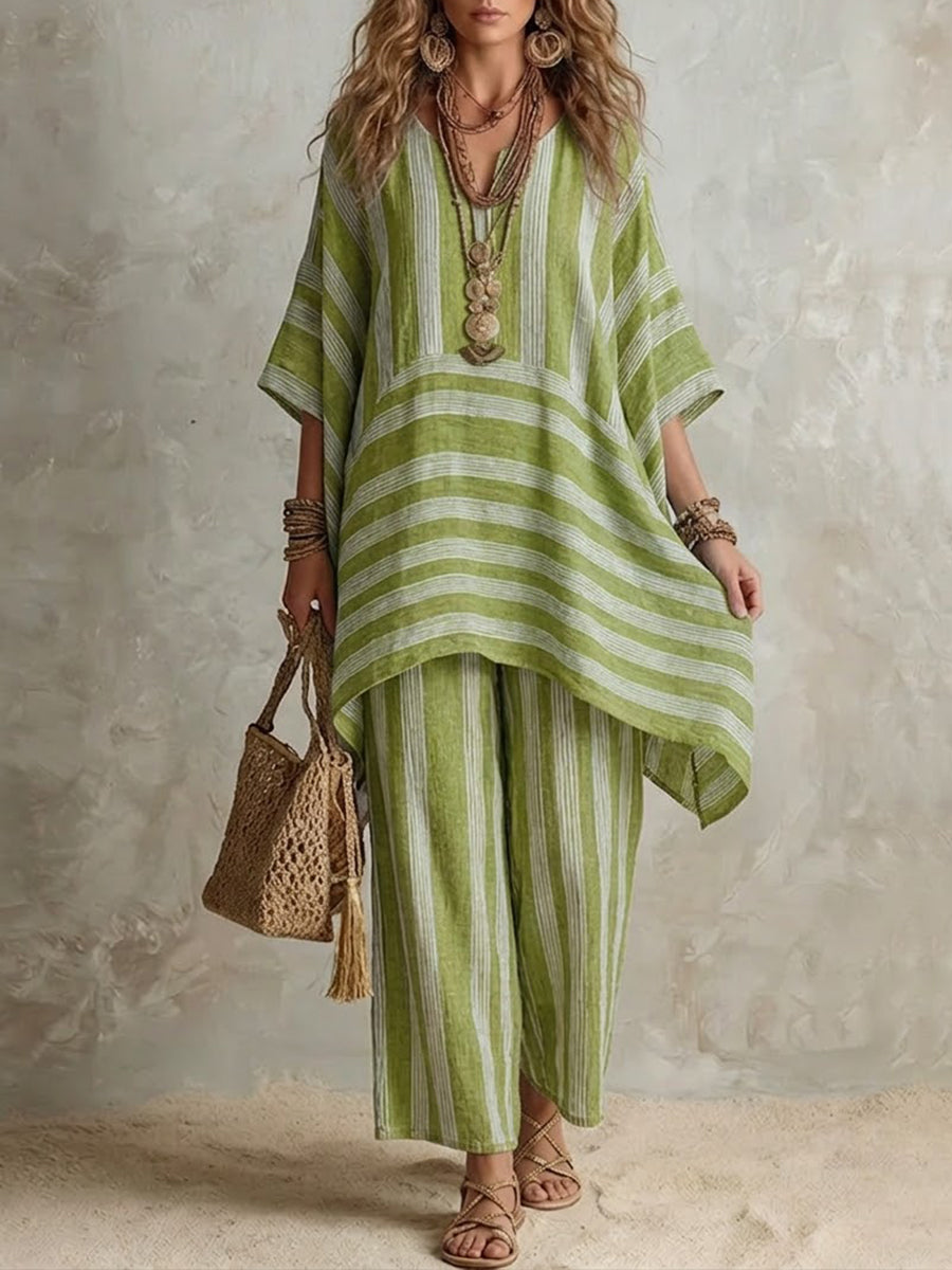 Women's Co Ord Set | Striped Asymmetric Tunic Wide Leg Linen