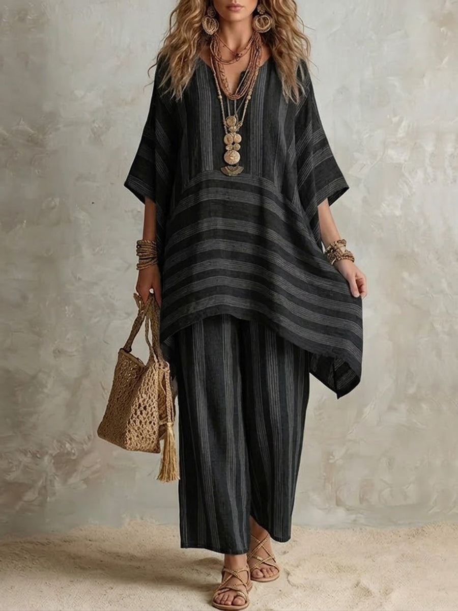 Women's Co Ord Set | Striped Asymmetric Tunic Wide Leg Linen
