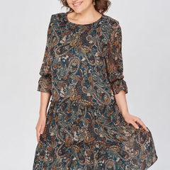 Women's Floral Dress | Midi Length Three Quarter Sleeve Paisley Print