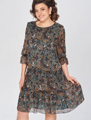 Women's Floral Dress | Midi Length Three Quarter Sleeve Paisley Print