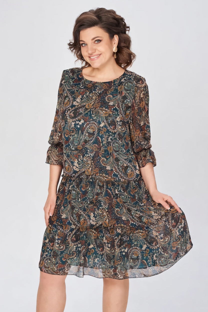 Women's Floral Dress | Midi Length Three Quarter Sleeve Paisley Print