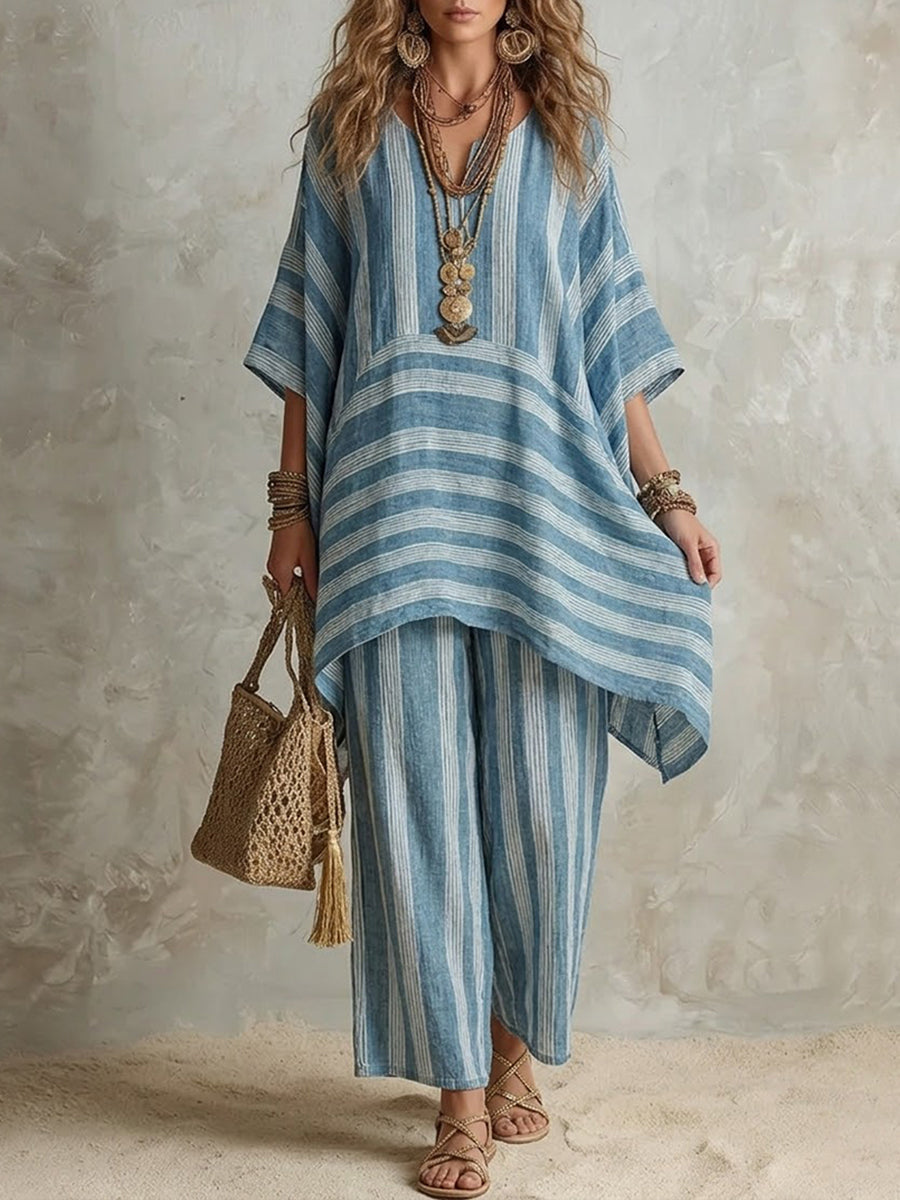 Women's Co Ord Set | Striped Asymmetric Tunic Wide Leg Linen