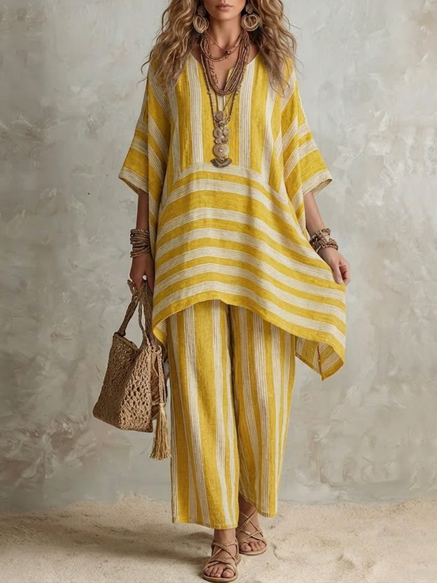 Women's Co Ord Set | Striped Asymmetric Tunic Wide Leg Linen