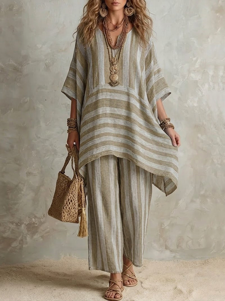 Women's Co Ord Set | Striped Asymmetric Tunic Wide Leg Linen
