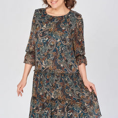 Women's Floral Dress | Midi Length Three Quarter Sleeve Paisley Print