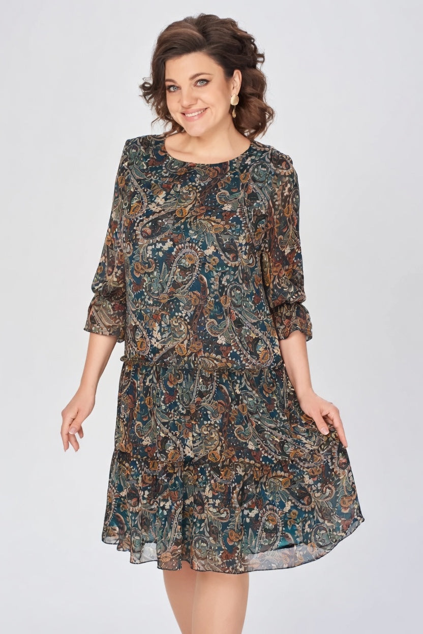 Women's Floral Dress | Midi Length Three Quarter Sleeve Paisley Print