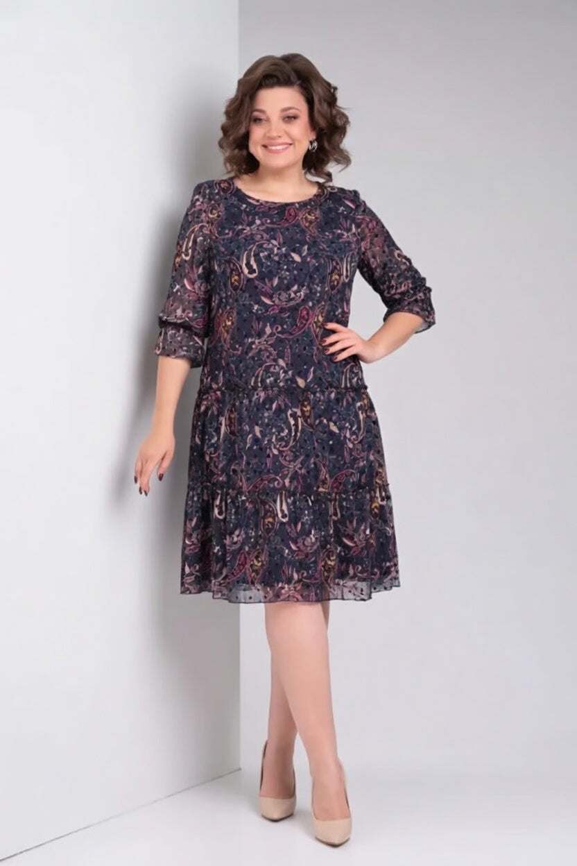 Women's Floral Dress | Midi Length Three Quarter Sleeve Paisley Print