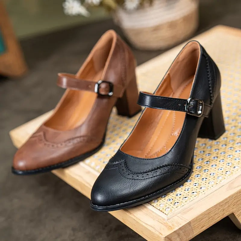 Elegant women's Mary Jane heels with buckle, available in classic black or brown, ideal for a refined look.
