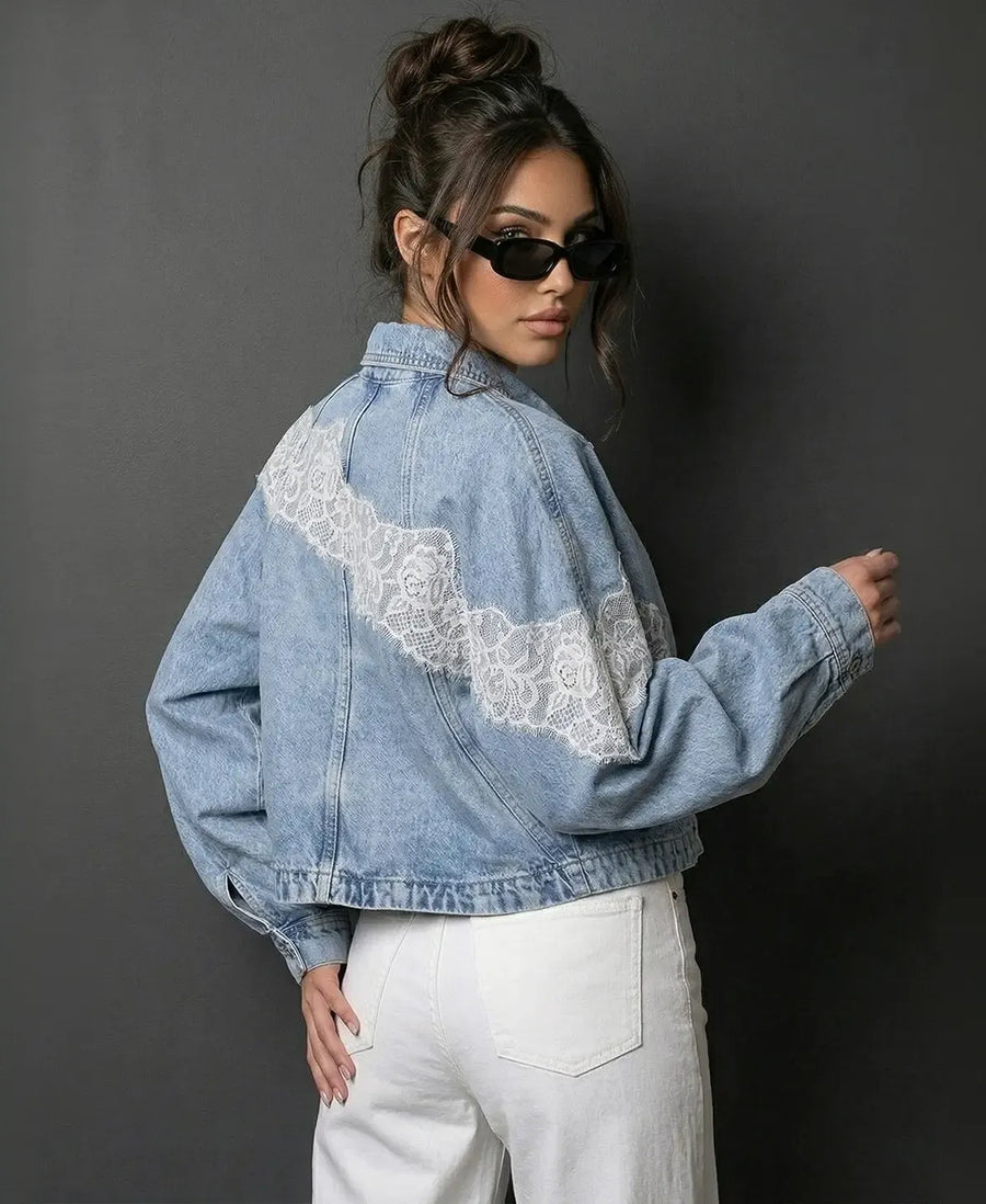 Women's Denim Jacket | Lace Detail Collared Long Sleeve