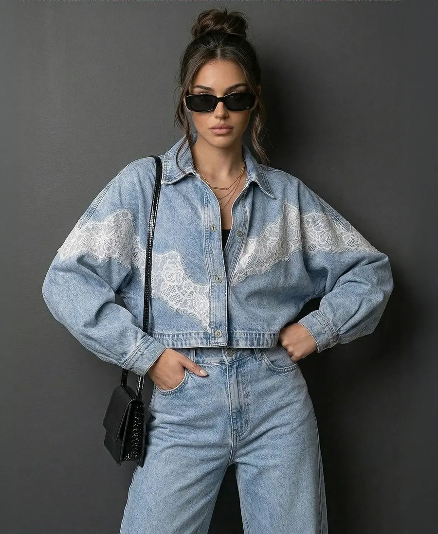Women's Denim Jacket | Lace Detail Collared Long Sleeve