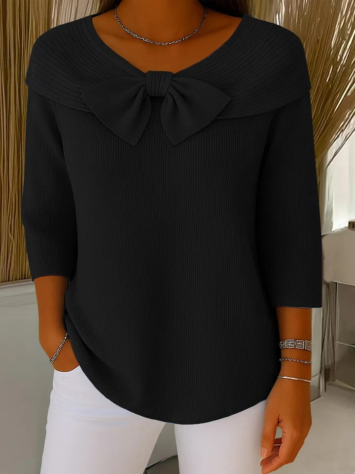 Women's Bow Sweater | V-Neck Three-Quarter Sleeve Knit